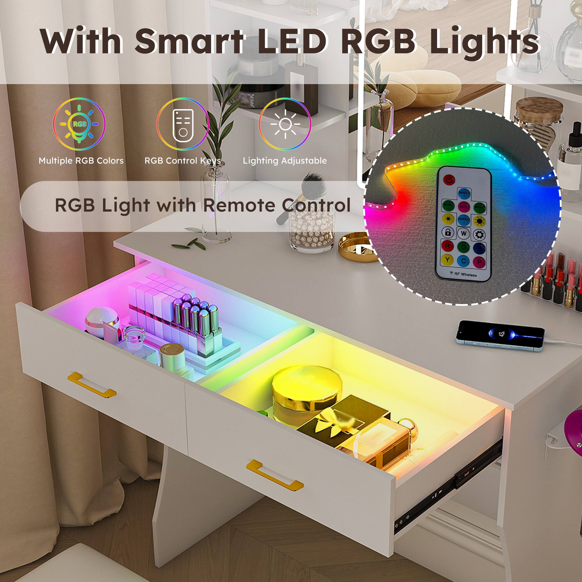 With Smart LED RGB Lights

Multiple RGB Colors  
RGB Control Keys  
Lighting Adjustable  

RGB Light with Remote Control