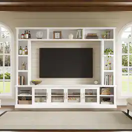 Whisen - All-in-One Entertainment Center Wall Unit for TVs up to 80-Inch,TV Stand with Storage Shelves and Tempered Glass Doors - White