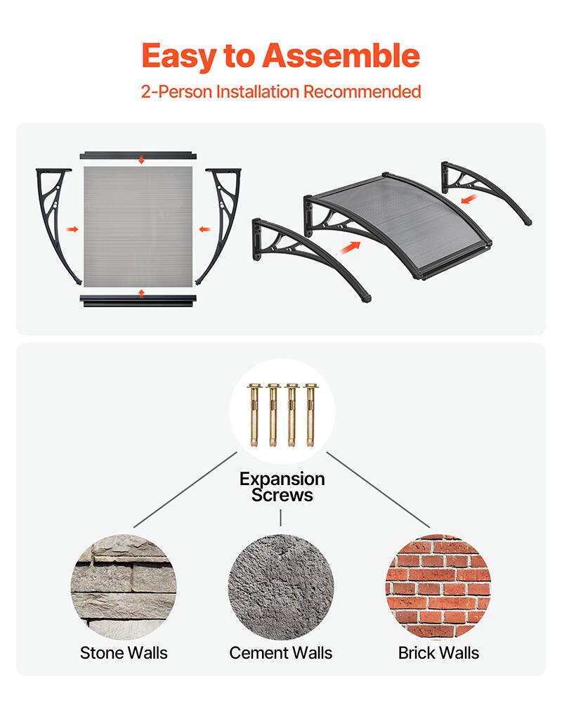 Easy to Assemble  
2-Person Installation Recommended  

Expansion Screws  
- Stone Walls  
- Cement Walls  
- Brick Walls