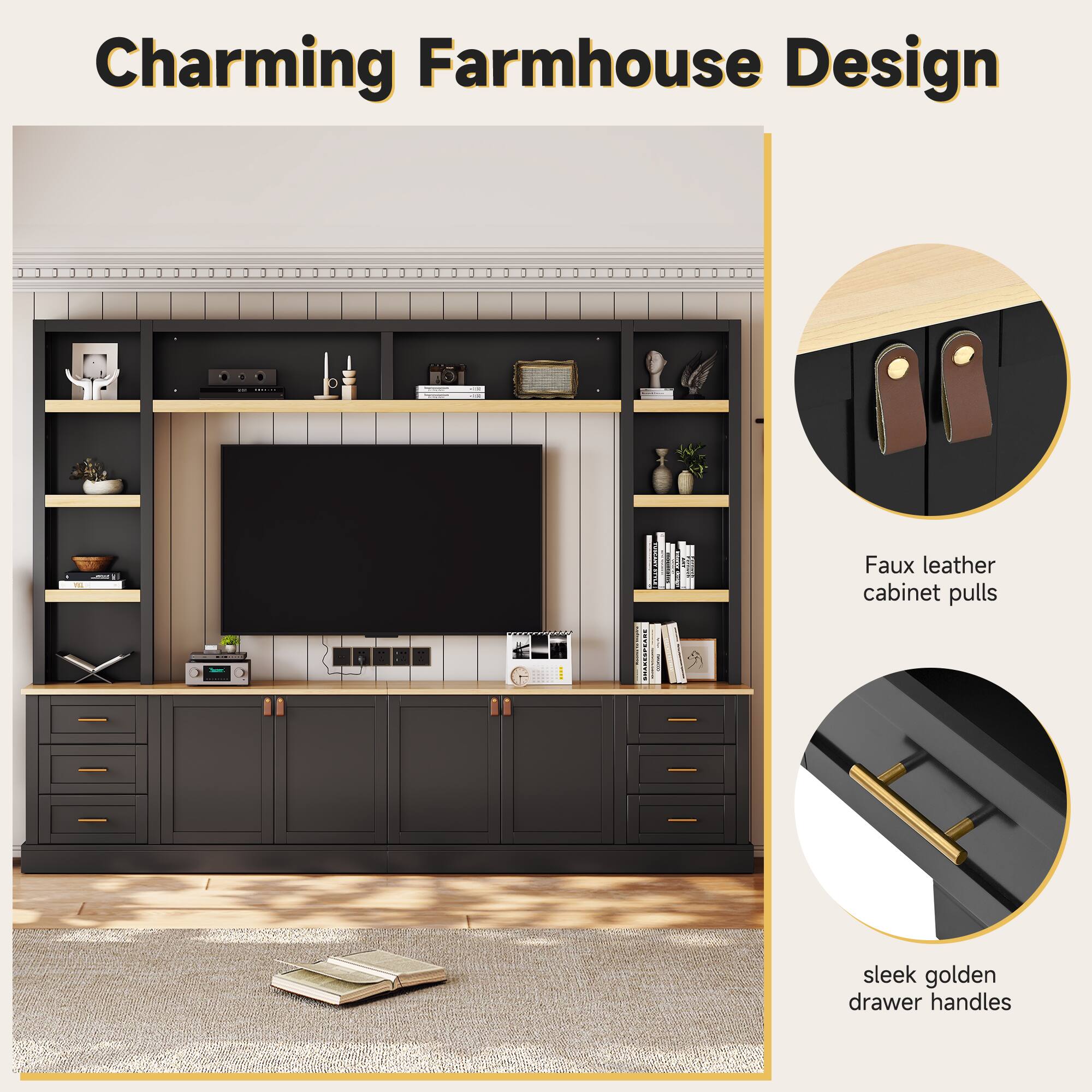 Charming Farmhouse Design

Faux leather cabinet pulls

sleek golden drawer handles