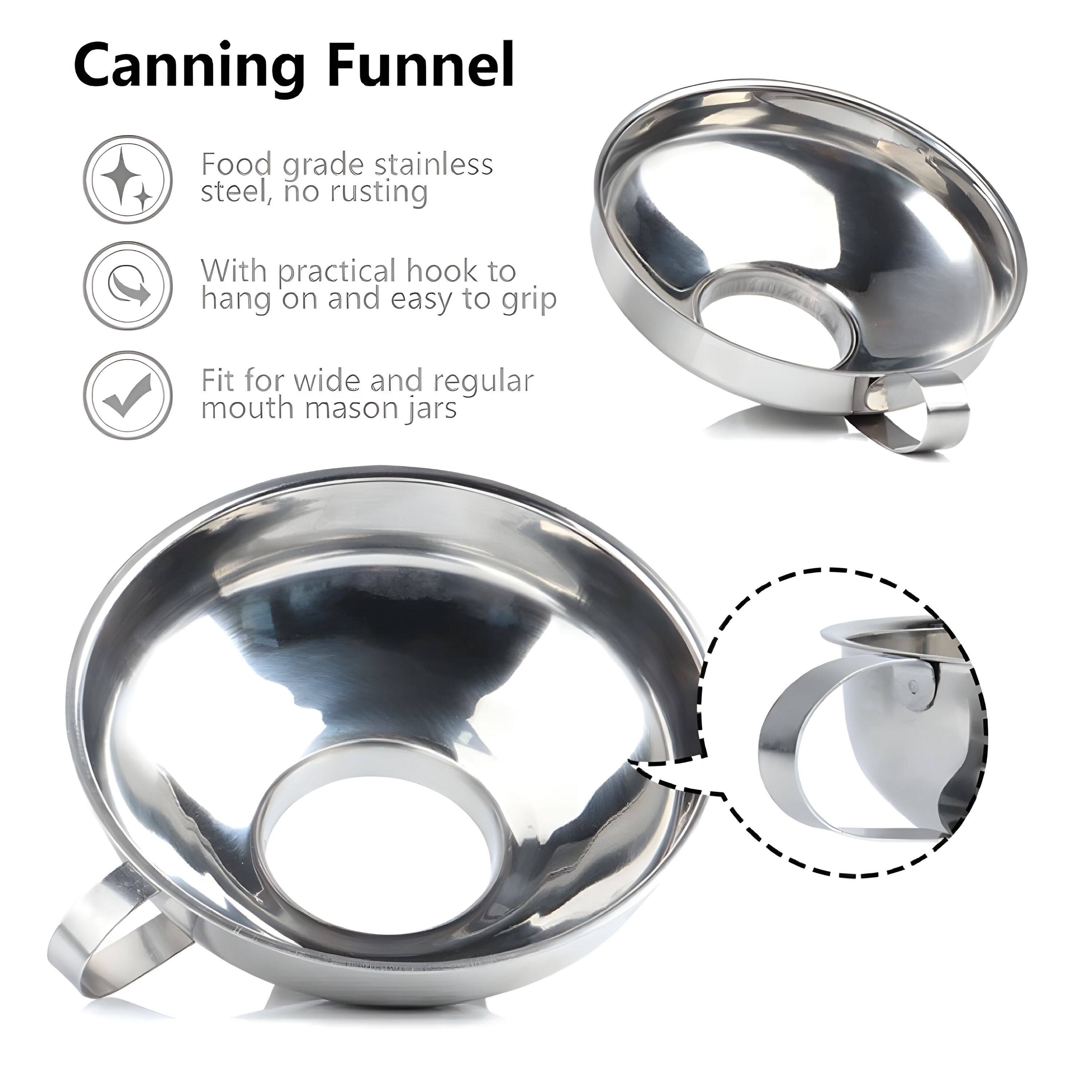 Canning Funnel

- Food grade stainless steel, no rusting
- With practical hook to hang on and easy to grip
- Fit for wide and regular mouth mason jars