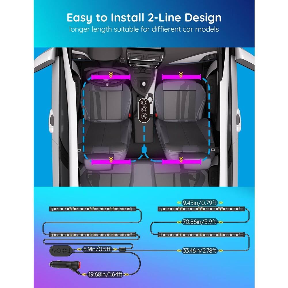 Easy to Install 2-Line Design  
longer length suitable for different car models  

- 9.45in/0.79ft  
- 70.86in/5.9ft  
- 33.46in/2.78ft  
- 5.9in/0.5ft  
- 19.68in/1.64ft