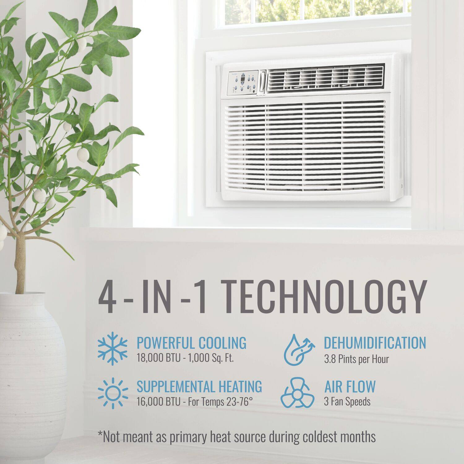4-IN-1 TECHNOLOGY: Powerful cooling, dehumidification, supplemental heating, and air flow. 18,000 BTU - 1,000 Sq. Ft., 3.8 Pints per Hour, 16,000 BTU - For Temps 23-76, 3 Fan Speeds. *Not meant as primary heat source during coldest months.