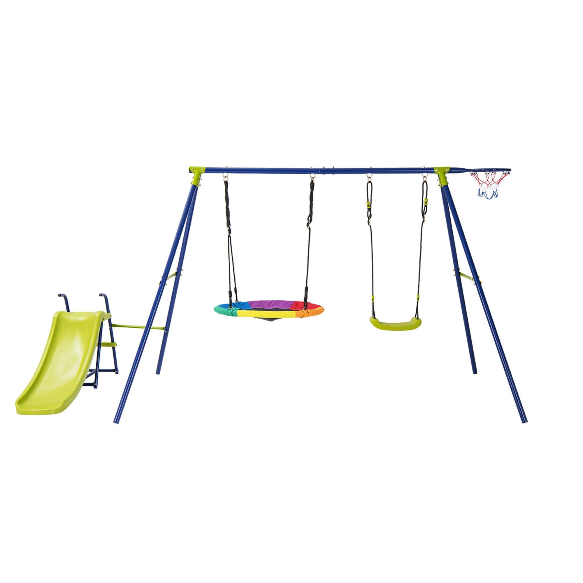 Gymax - 4-in-1 Swing Set for Backyard Heavy-Duty Metal Playset for 3-12 Years Old Kids - Multicolor