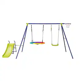 Gymax - 4-in-1 Swing Set for Backyard Heavy-Duty Metal Playset for 3-12 Years Old Kids - Multicolor