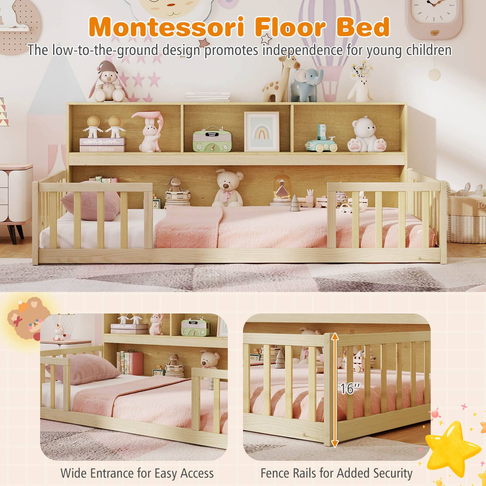 Alt View 8. Costway - Costway Twin Size Montessori Floor Bed with Bookcase Storage Shelves & Safety Fence Rails - Natural.