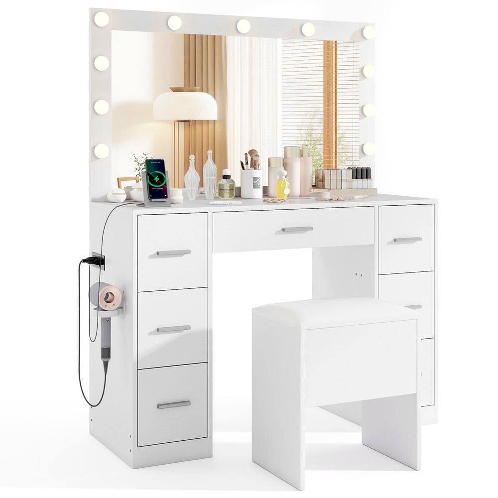 Front. Kadyn - 43.5" Bedroom Vanity Desk with LED Lighted Mirror - White - White.