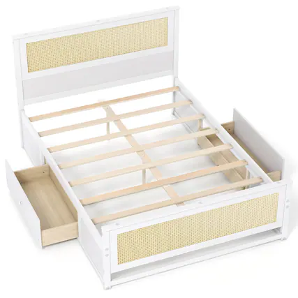 Front. Costway - Costway Full Size Rattan Bed Frame with Headboard, 2 Storage Drawers & Space - White.