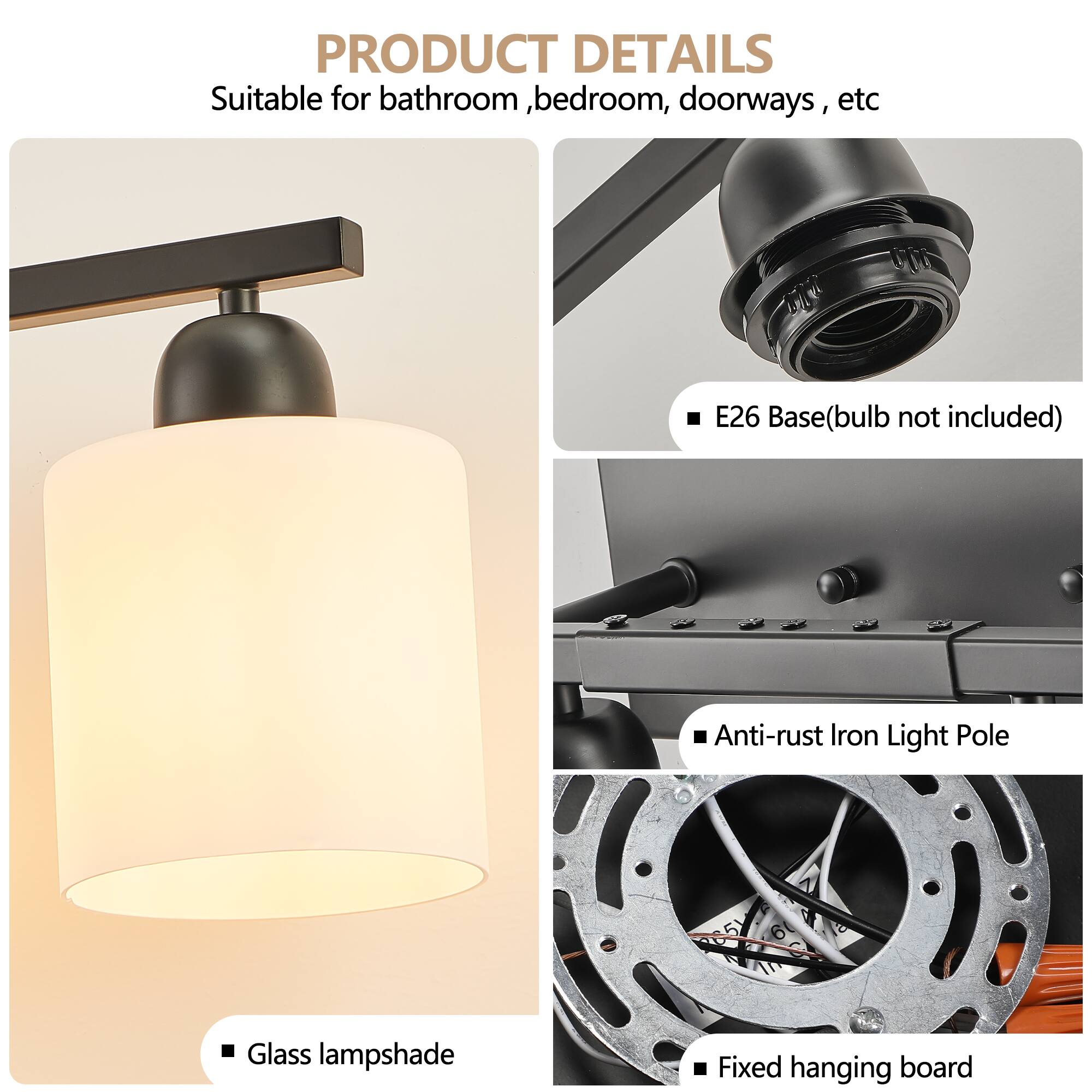PRODUCT DETAILS  
Suitable for bathroom, bedroom, doorways, etc  

- E26 Base (bulb not included)  
- Glass lampshade  
- Anti-rust Iron Light Pole  
- Fixed hanging board