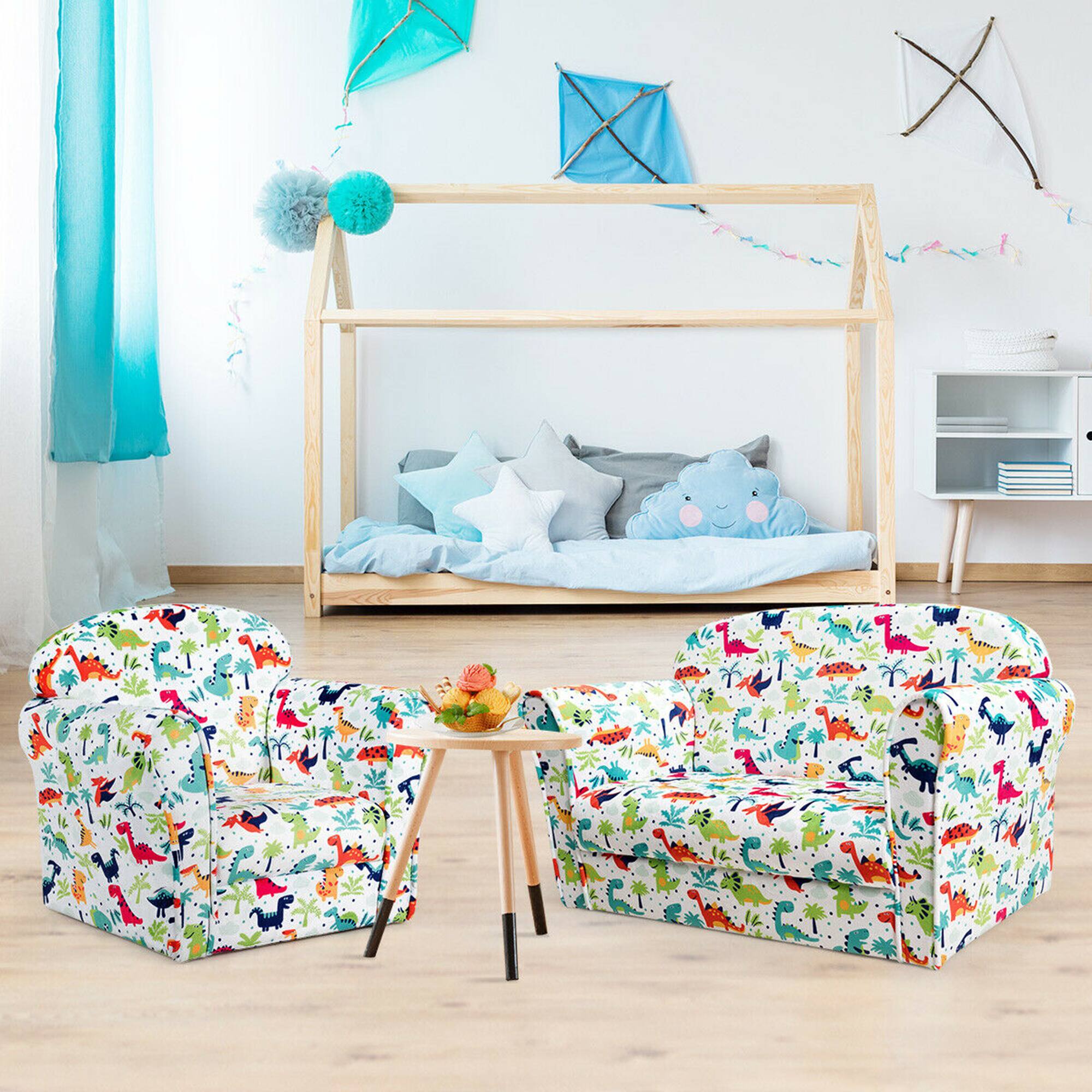 Alt View 1. Costway - Costway Double Kids Dinosaur Sofa Children Armrest Couch Upholstered Chair Furniture - Multicolour.