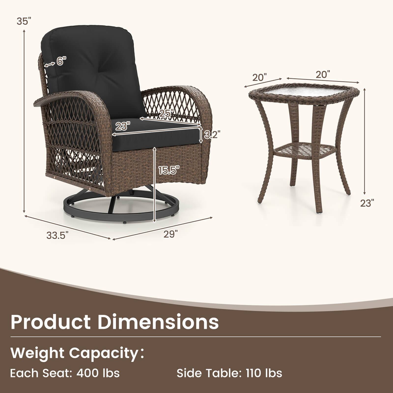 35" 6" 20" 20" 23" 25" 3.2" 15.5" 23" 33.5" 29" Product Dimensions Weight Capacity: Each Seat: 400 lbs Side Table: 110 lbs