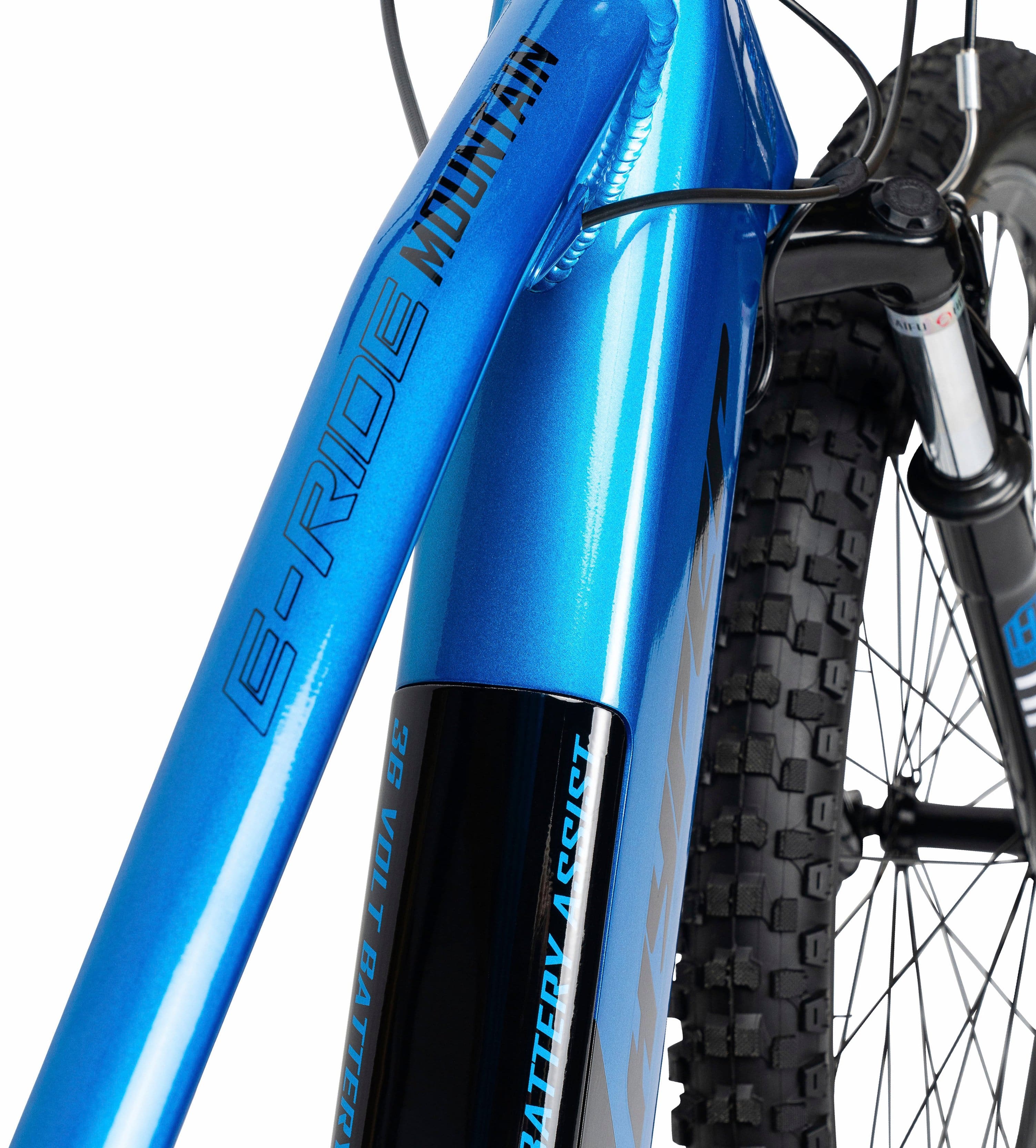 The text on the image reads: "G-RIDE 36 T VOL ACUST BA BATTERY 34 ATTERY M IH." This text is likely a description of the bike's features or specifications.