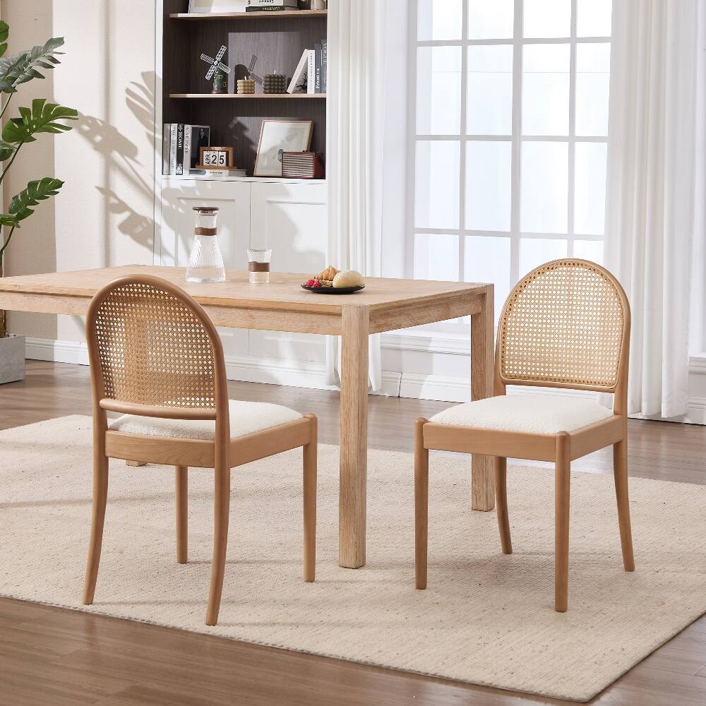 Angle. Loheer - Loheer Rattan Dining Chairs Set of 2, Beige Upholstered Linen Kitchen Chairs with Wood Legs - Beige.