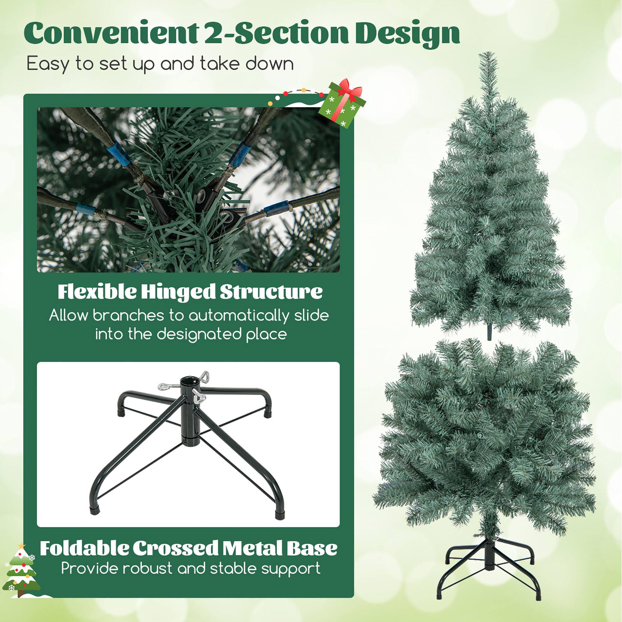 Convenient 2-Section Design  
Easy to set up and take down  

Flexible Hinged Structure  
Allow branches to automatically slide into the designated place  

Foldable Crossed Metal Base  
Provide robust and stable support