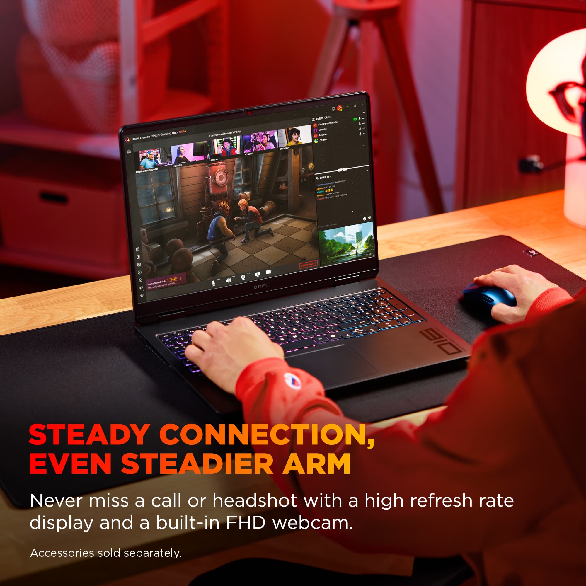 Steady connection, even steadier arm. Never miss a call or headshot with a high refresh rate display and a built-in FHD webcam. Accessories sold separately.