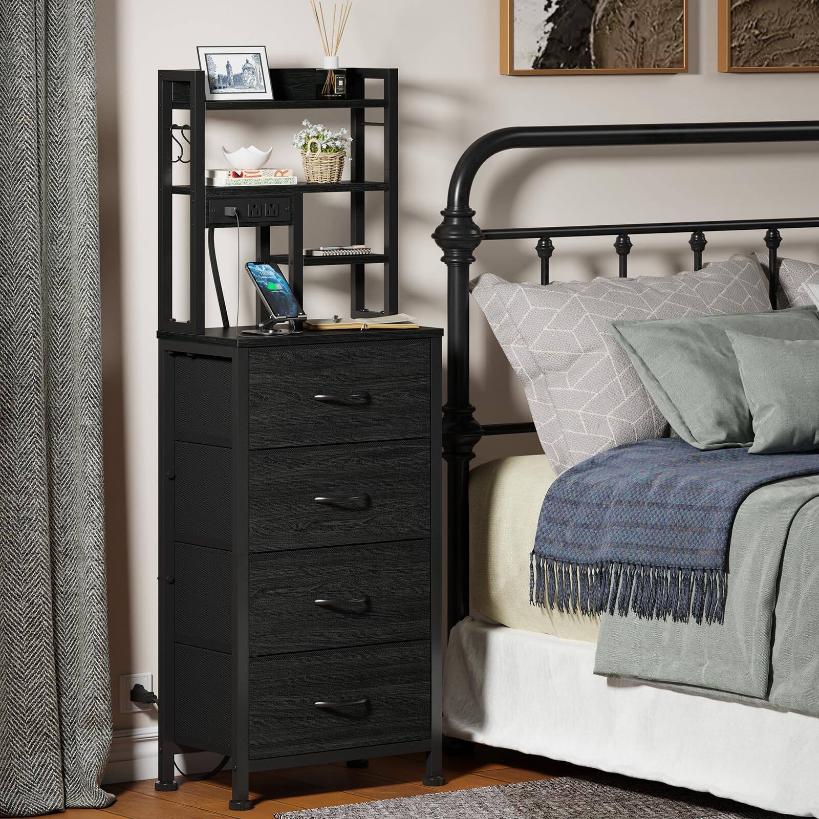 Alt View 5. Empire DigiLabs - Tall Nightstand Led Night Stand With Charging Station And Usb Ports 4 Fabric Drawers 4 Tier Storage Shelf N... - Rustic Brown.