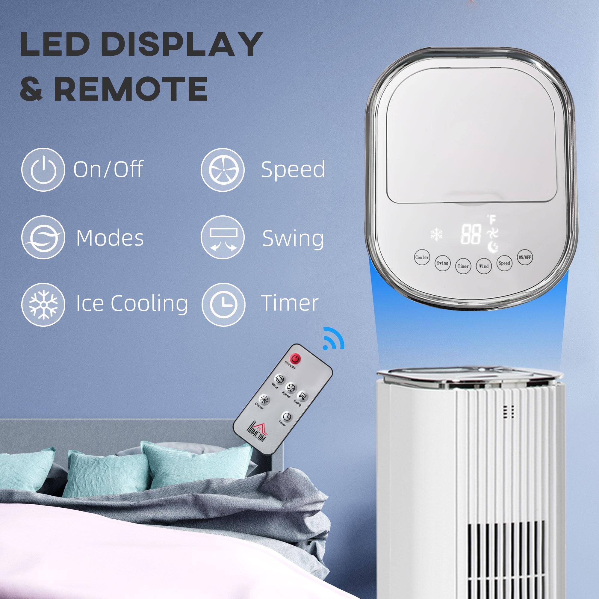 LED DISPLAY & REMOTE

- On/Off
- Speed
- Modes
- Swing
- Ice Cooling
- Timer

88°F

Cooler Swing Timer Wind Speed

ON/OFF
