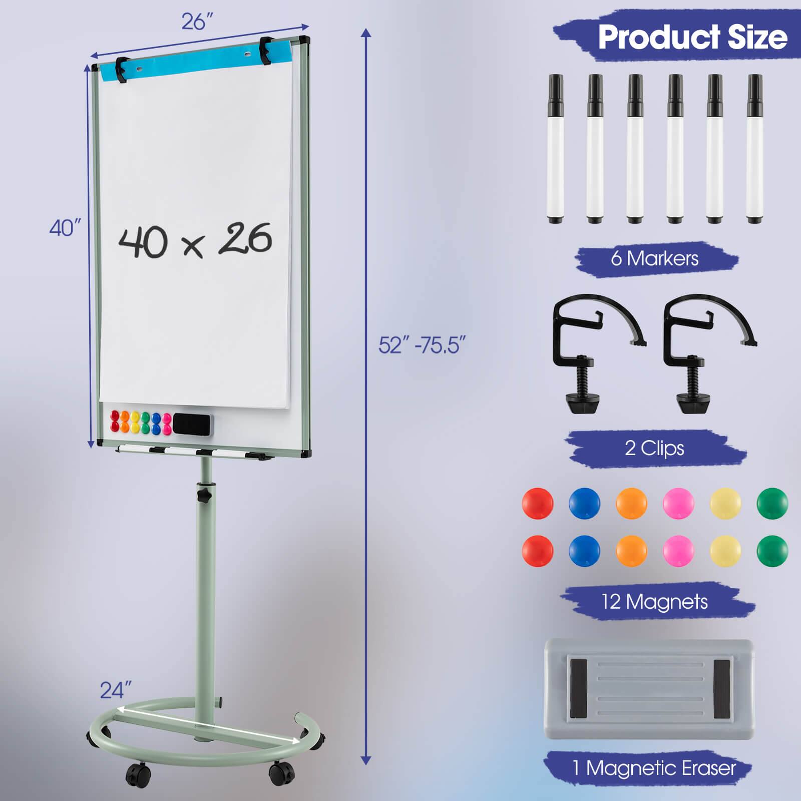 26"  
Product Size  
40" x 26"  
6 Markers  
52" - 75.5"  
2 Clips  
12 Magnets  
24"  
1 Magnetic Eraser