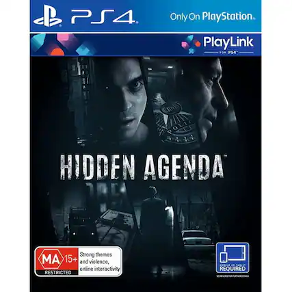 Sure, here is the corrected and grouped text from the image:
---
**PS4**
Only On PlayStation.
PlayLink FOR PS4
**HIDDEN AGENDA**
MA 15+
Strong themes and violence, online interactivity
RESTRICTED
REQUIRED
Mobile or tablet required
SEE REVERSE FOR FURTHER DETAILS
--- - M (Mature 17+)
