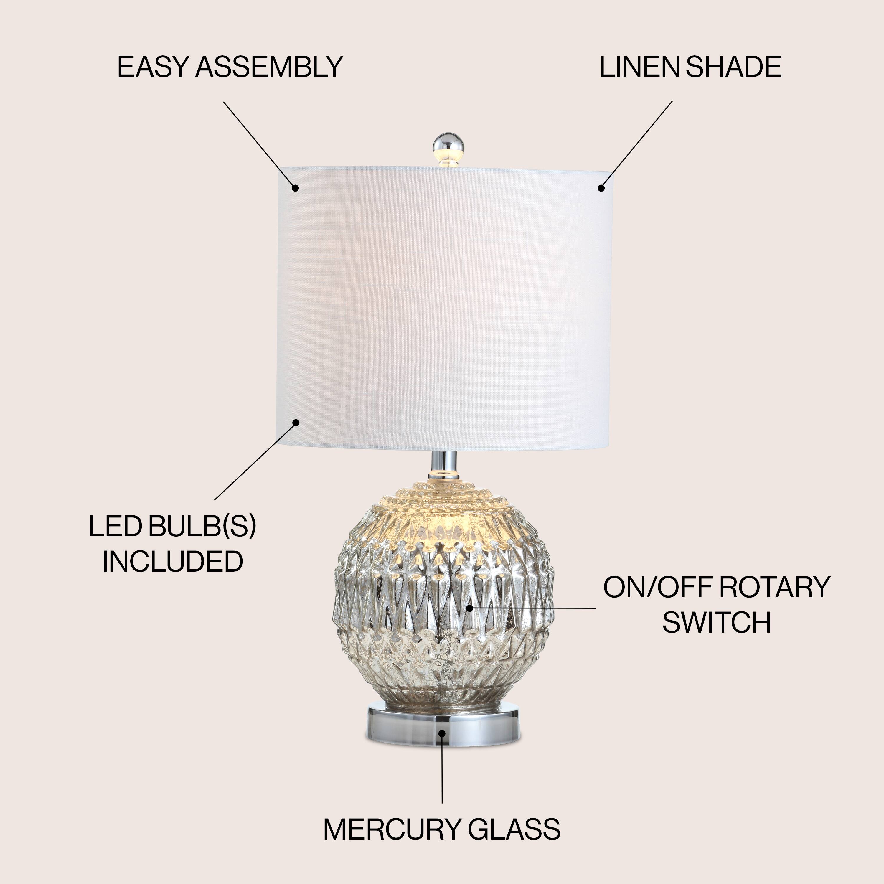 EASY ASSEMBLY  
LINEN SHADE  
LED BULB(S) INCLUDED  
ON/OFF ROTARY SWITCH  
MERCURY GLASS