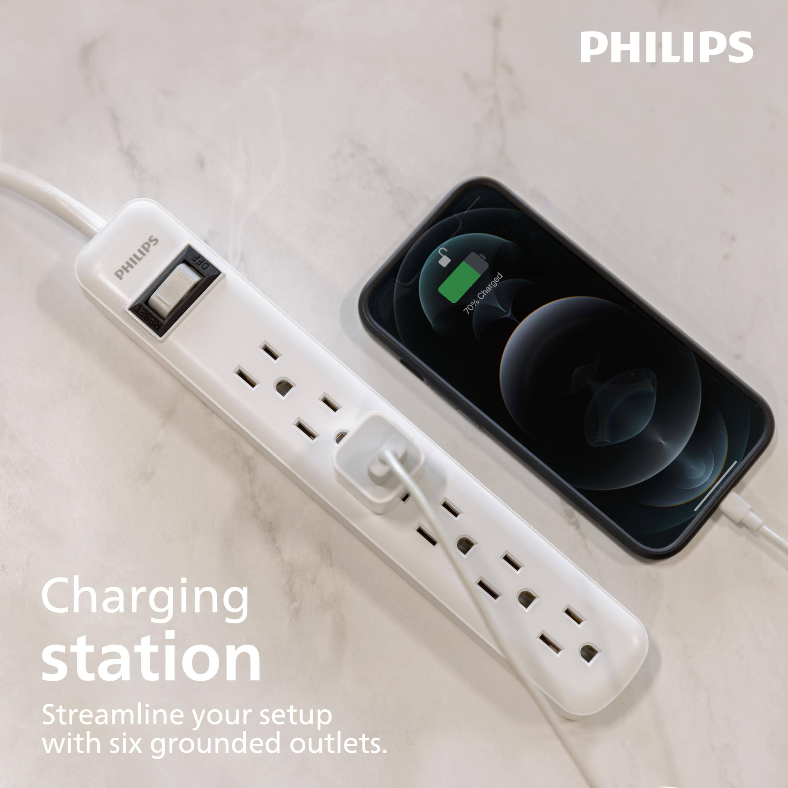 PHILIPS

PHILIPS OFF

Charged 70%

Charging station

Streamline your setup with six grounded outlets.