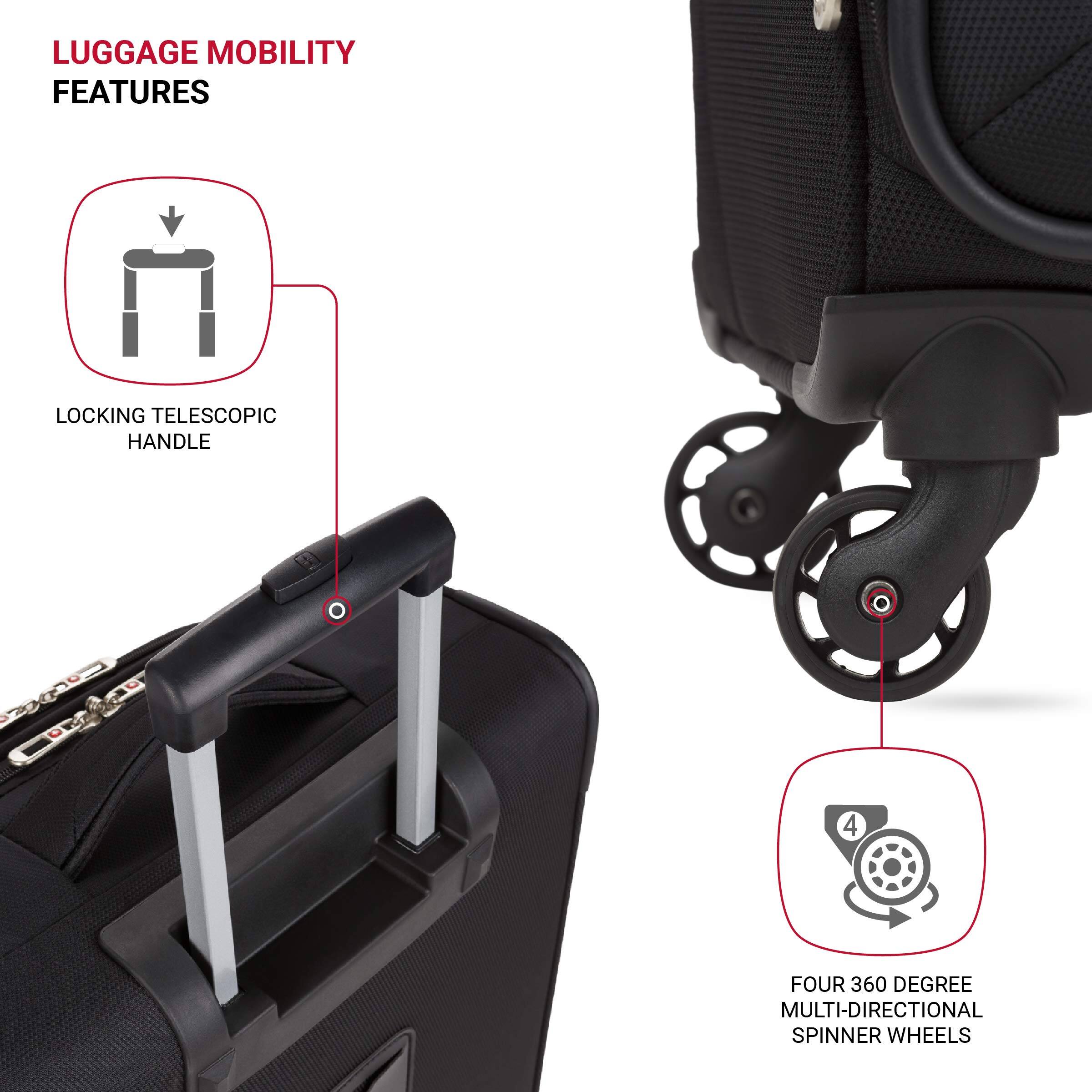 LUGGAGE MOBILITY FEATURES

LOCKING TELESCOPIC HANDLE

FOUR 360 DEGREE MULTI-DIRECTIONAL SPINNER WHEELS
