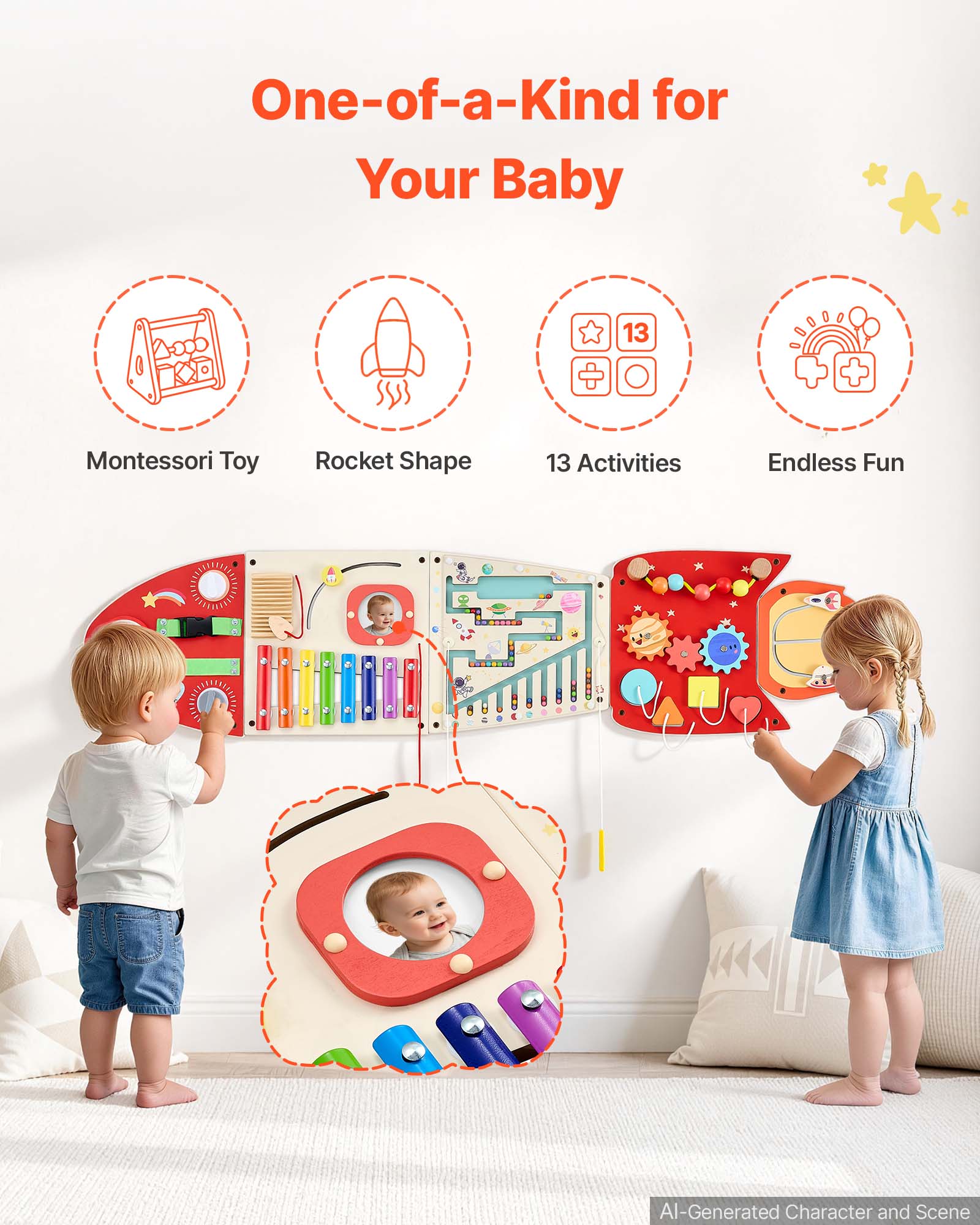 One-of-a-Kind for Your Baby

- Montessori Toy
- Rocket Shape
- 13 Activities
- Endless Fun

AI-Generated Character and Scene