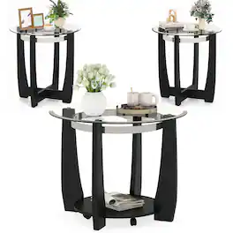 Costway - Tempered Glass Coffee Table Set of 3, 2-Tier Coffee Table & 2 Round End Tables - Transparent & Black