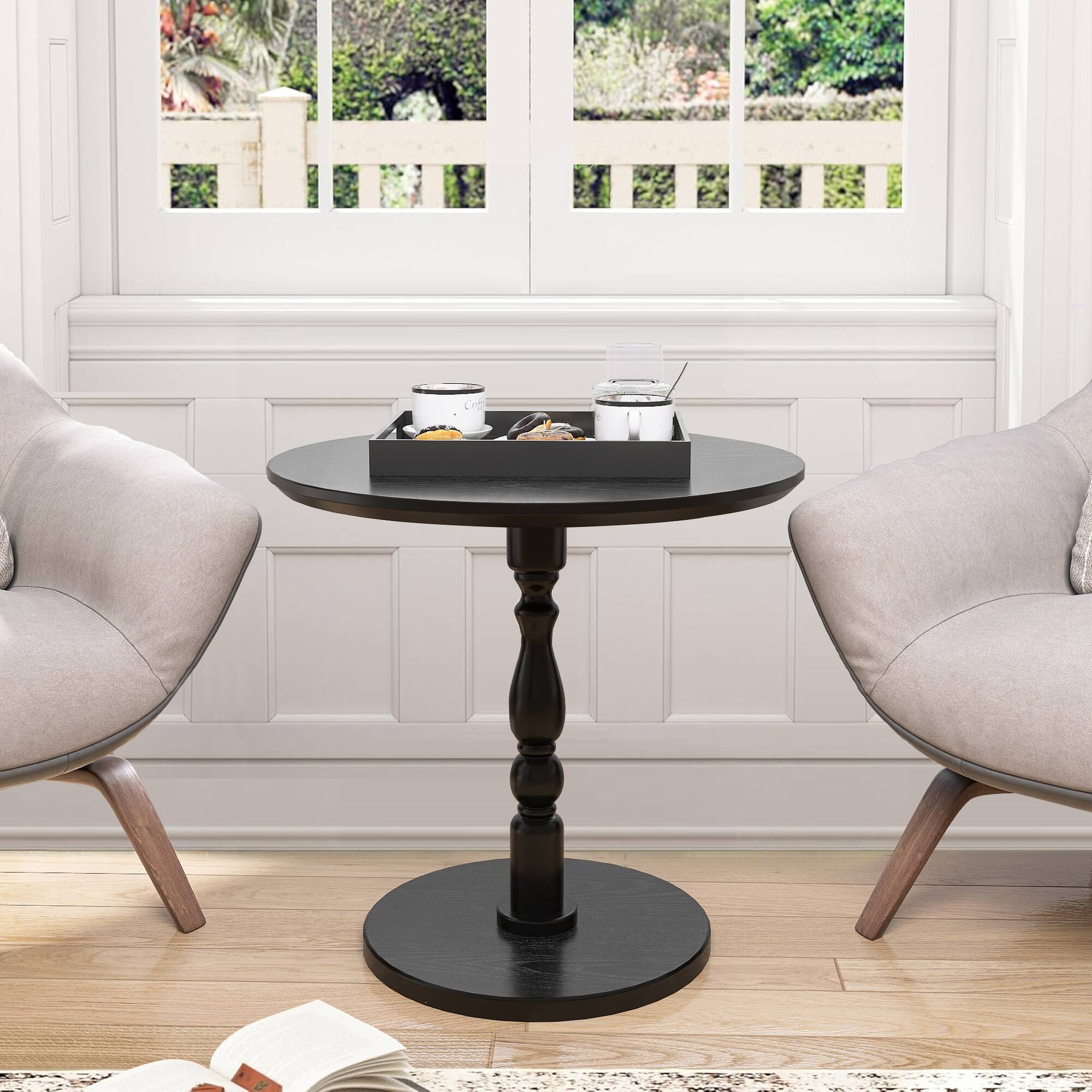 Alt View 1. Ecooso - 23'' Accent Round Table, Round Side Table, Small Table for Small Spaces, Modern Accent Nightstand，Solid Wood Leg - Antique Black.