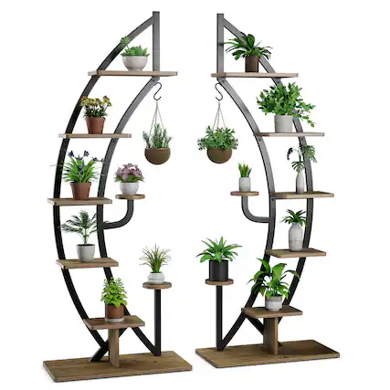 Front. Gymax - Gymax 2 PCS 6 Tier 9 Potted Metal Plant Stand Curved Stand Holder Display Shelf w/ Hook - Natural+Black.