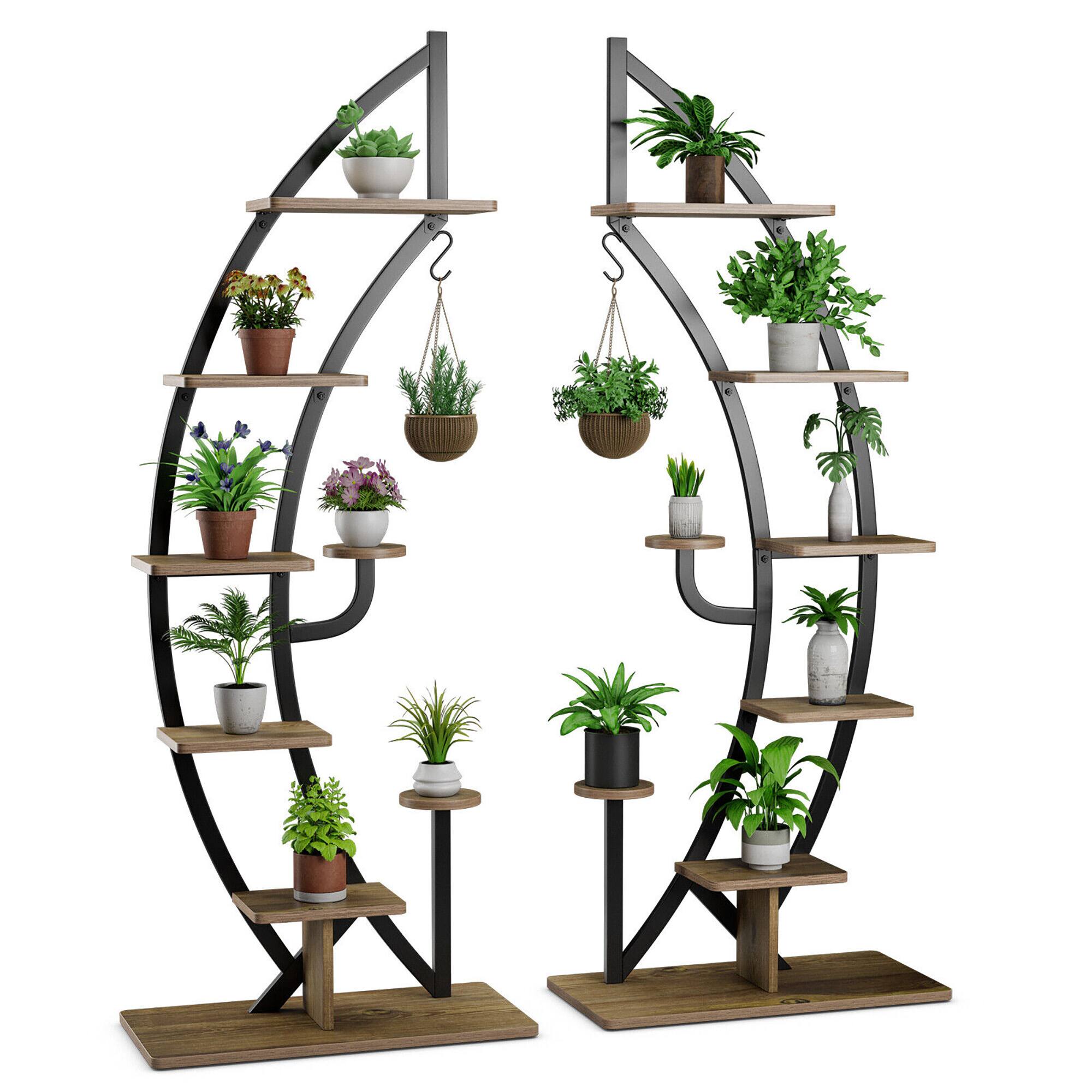 Front. Gymax - Gymax 2 PCS 6 Tier 9 Potted Metal Plant Stand Curved Stand Holder Display Shelf w/ Hook - Natural+Black.