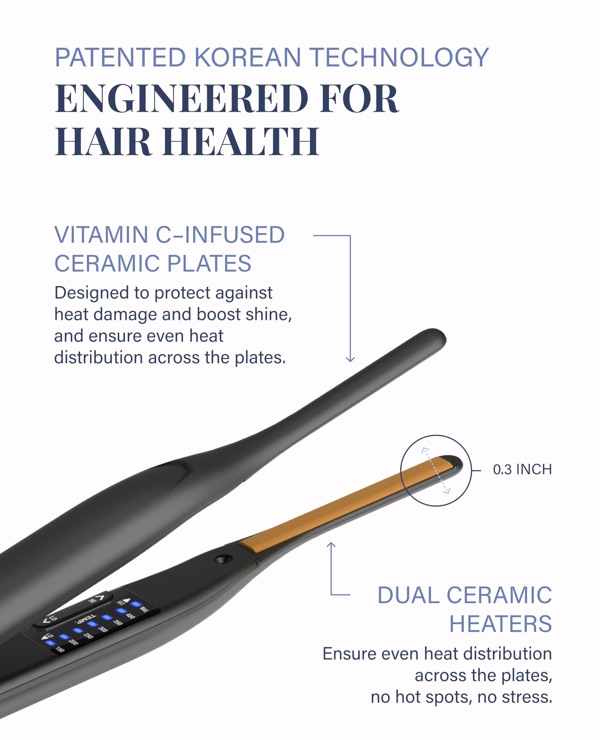 PATENTED KOREAN TECHNOLOGY ENGINEERED FOR HAIR HEALTH

VITAMIN C-INFUSED CERAMIC PLATES  
Designed to protect against heat damage and boost shine, and ensure even heat distribution across the plates.

0.3 INCH

DUAL CERAMIC HEATERS  
Ensure even heat distribution across the plates, no hot spots, no stress.