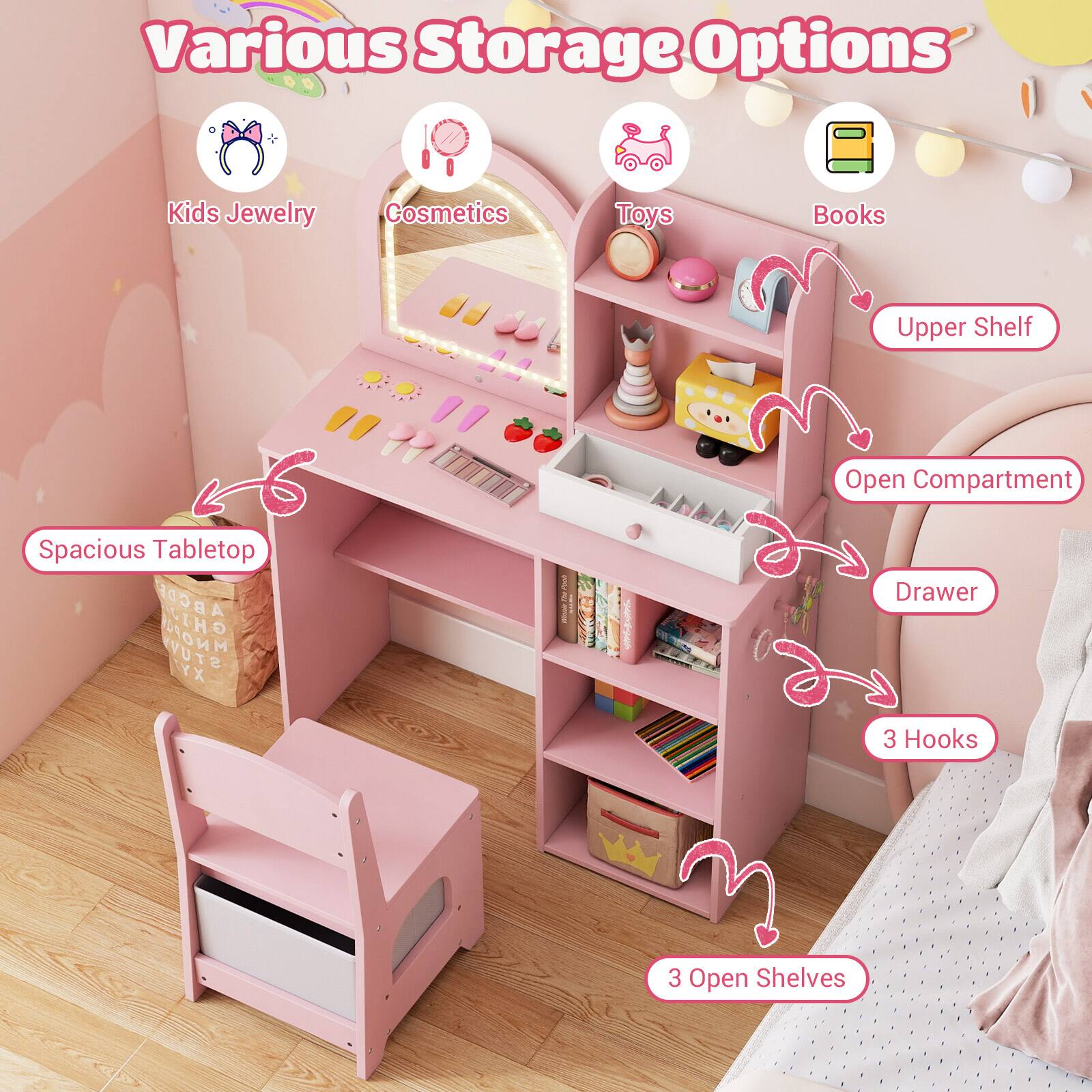 Various Storage Options  
Kids Jewelry  
Cosmetics  
Toys  
Books  
Upper Shelf  
Open Compartment  
Spacious Tabletop  
Drawer  
3 Hooks  
3 Open Shelves