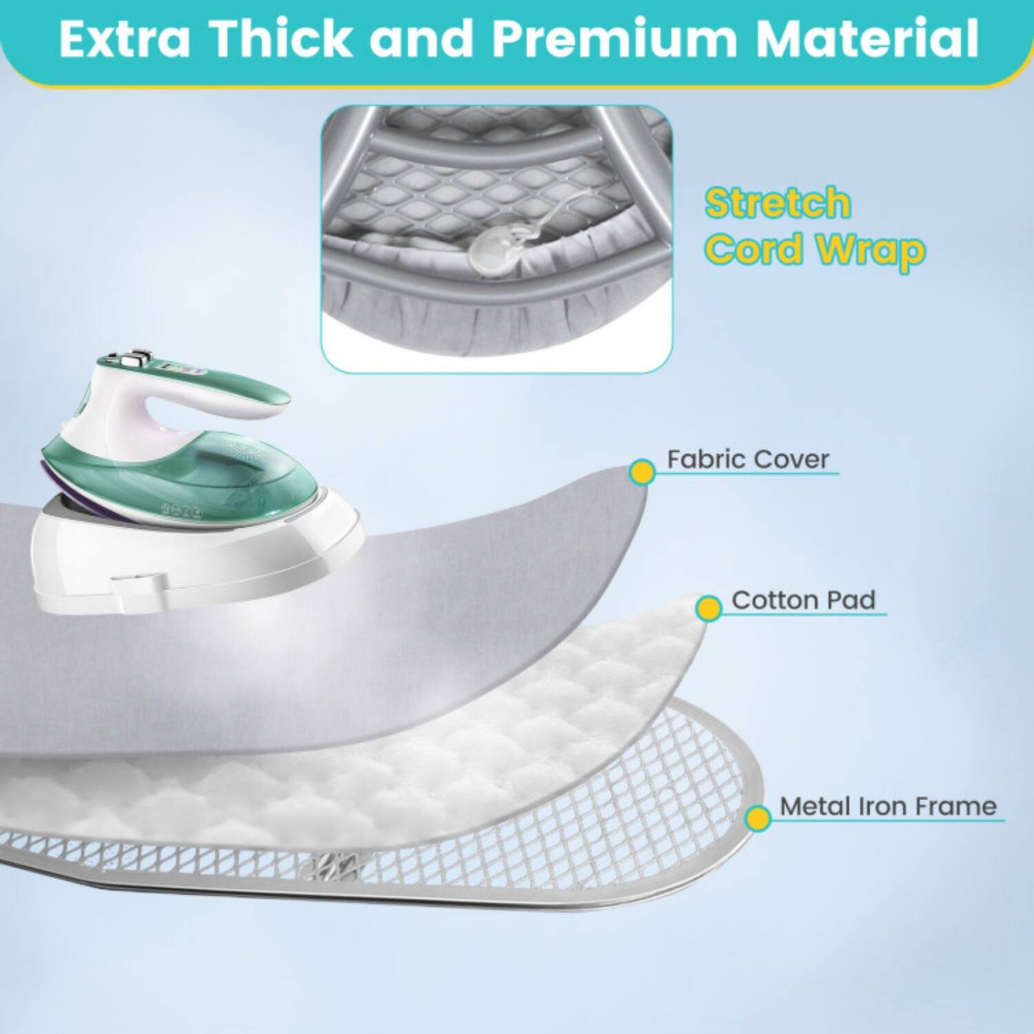 Extra Thick and Premium Material

- Stretch Cord Wrap
- Fabric Cover
- Cotton Pad
- Metal Iron Frame
