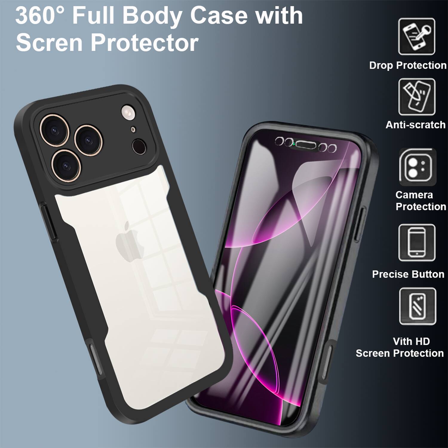 Dteck for Apple iPhone 17 Pro Max Rugged Case,Slim Full Body Clear Back ...