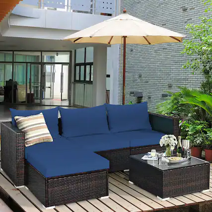 Front. Gymax - Gymax 5PCS Cushioned Rattan Patio Conversation Set w/ Ottoman Navy Cushion - Navy.
