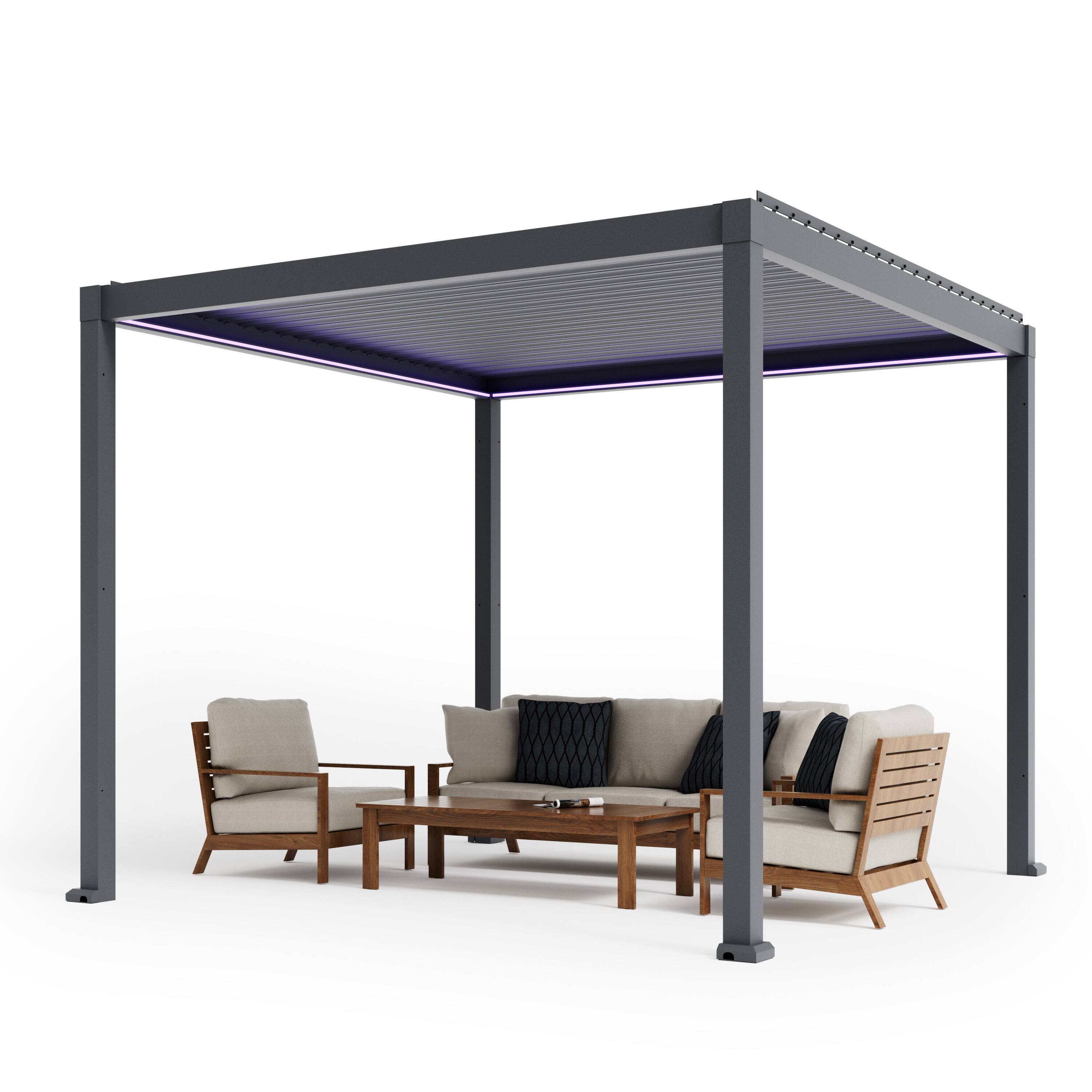 Back. Mondawe - 10x10FT Electric Adjustable Aluminum Louver Pergola with Integrated LED Lights - Gray.