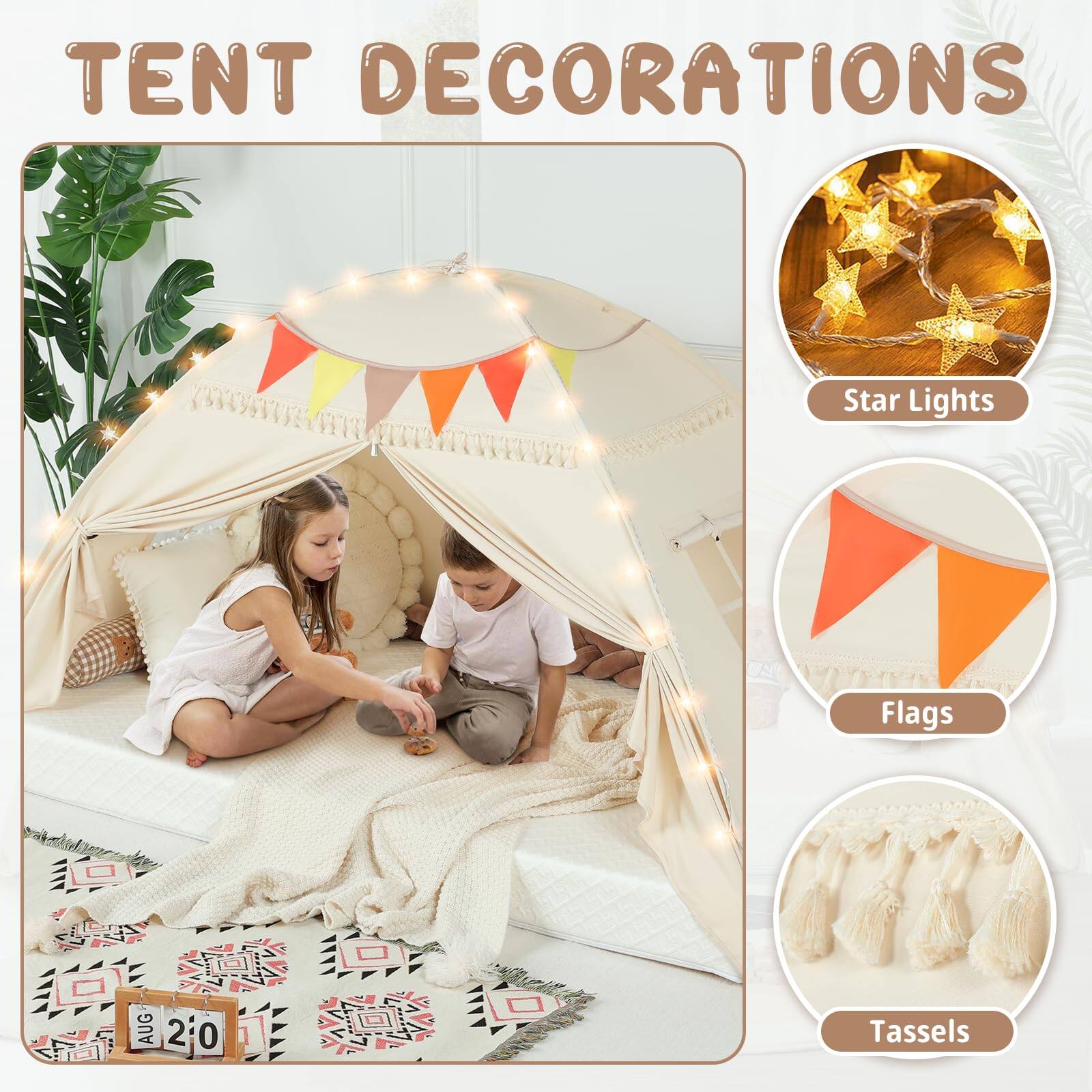 TENT DECORATIONS

- Star Lights
- Flags
- Tassels