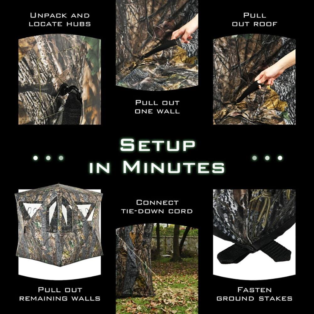UNPACK AND LOCATE HUBS  
PULL OUT ROOF  
PULL OUT ONE WALL  

SETUP IN MINUTES  

CONNECT TIE-DOWN CORD  
PULL OUT REMAINING WALLS  
FASTEN GROUND STAKES