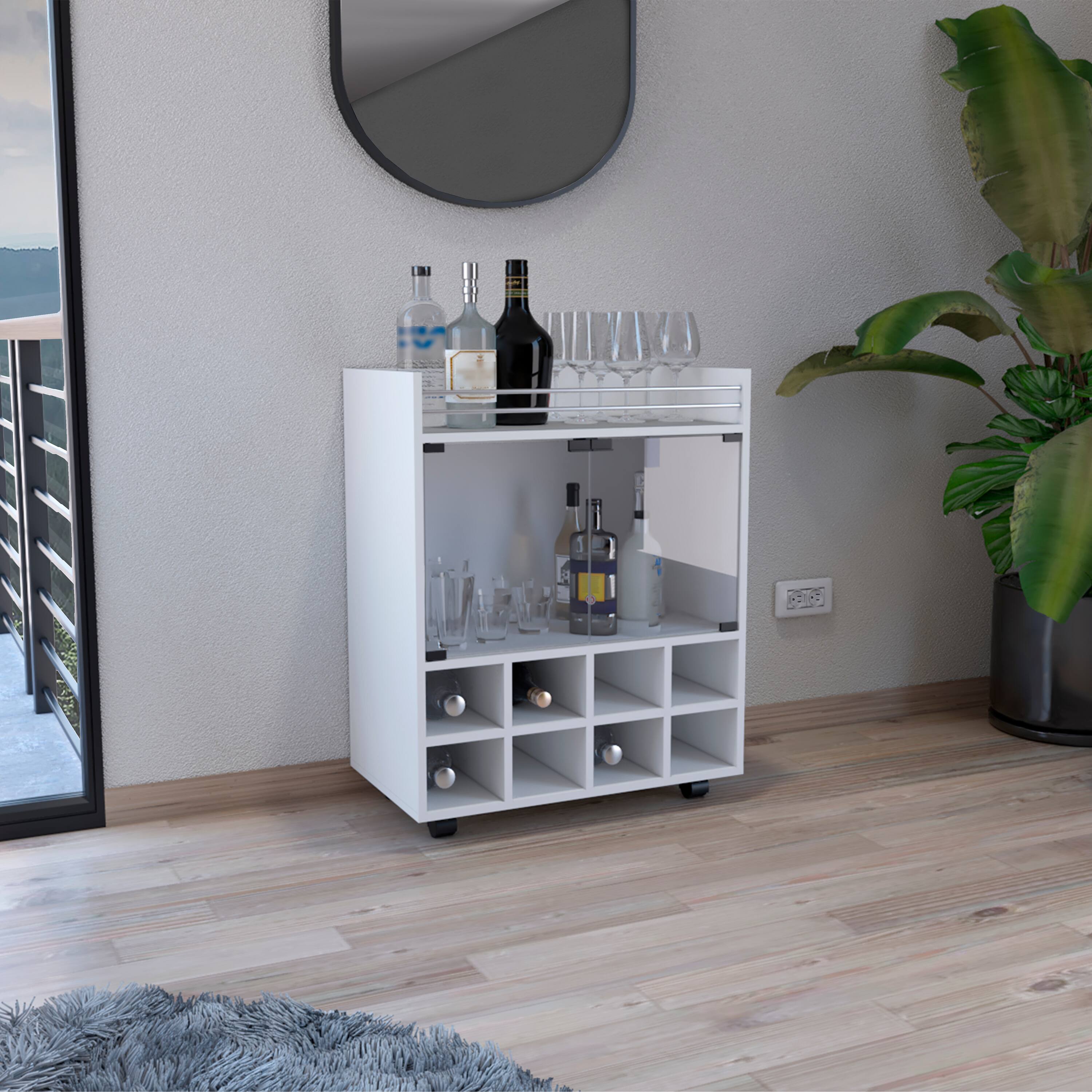 Back. TuHome - St Andrews Bar Cart with Built-In 8-Bottle Rack, Double Glass Door Cabinet, And Aluminum-Edged Top Surface - White.