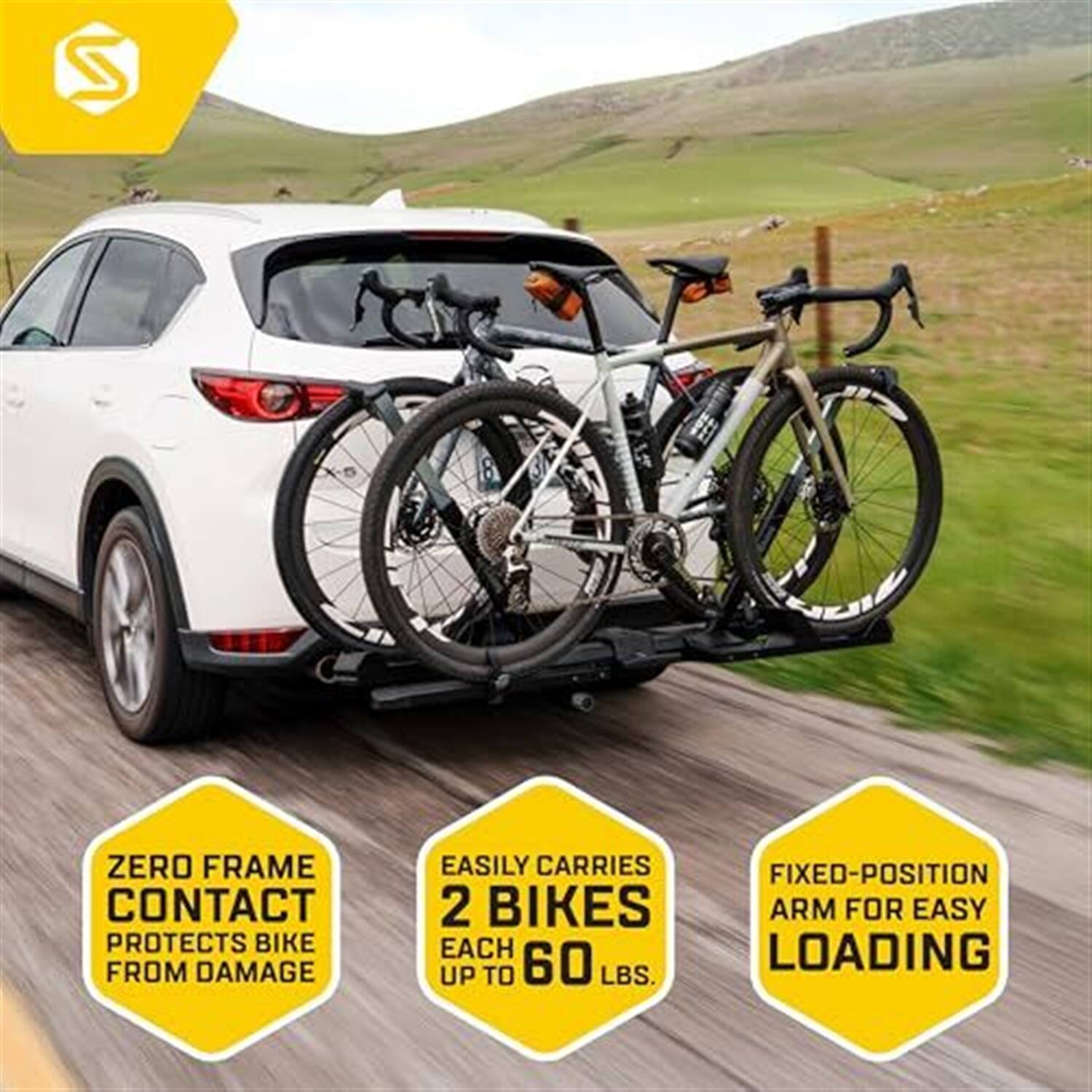 ZERO FRAME CONTACT  
PROTECTS BIKE FROM DAMAGE  

EASILY CARRIES 2 BIKES EACH UP TO 60 LBS.  

FIXED-POSITION ARM FOR EASY LOADING