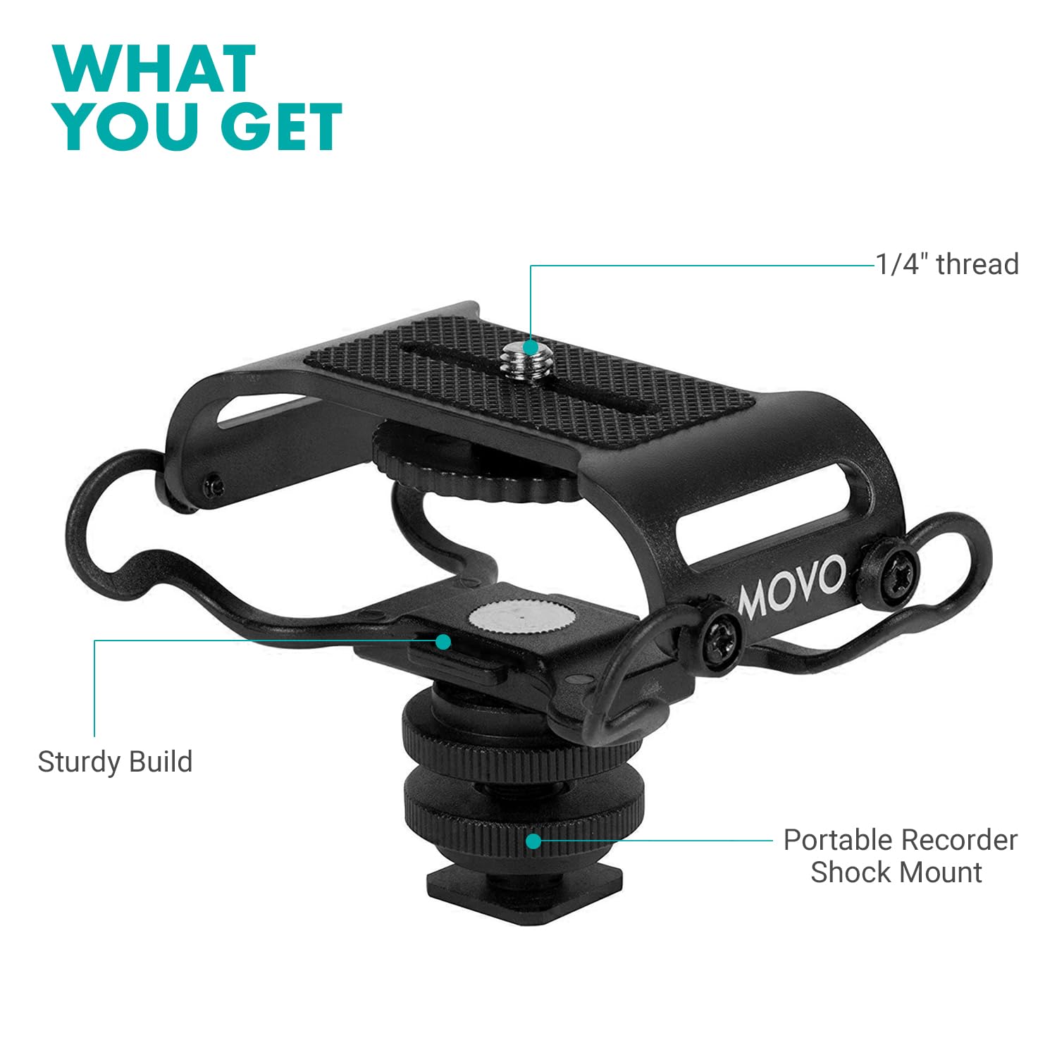 WHAT YOU GET
- 1/4" thread
- MOVO
- Sturdy Build
- Portable Recorder Shock Mount