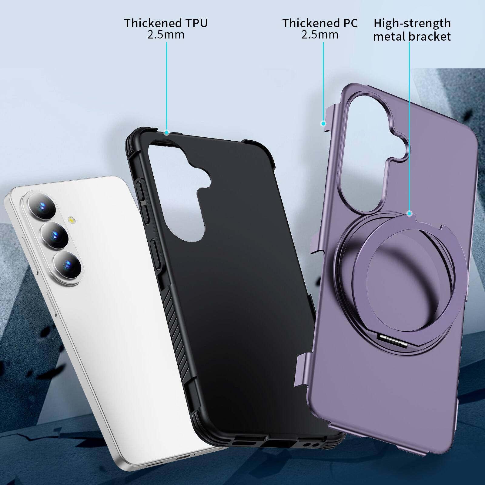 Thickened TPU 2.5mm  
Thickened PC 2.5mm  
High-strength metal bracket