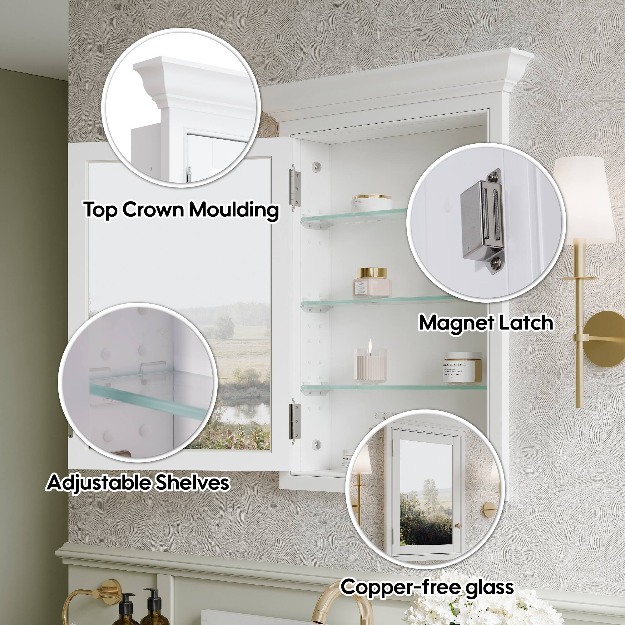Top Crown Moulding  
Magnet Latch  
Adjustable Shelves  
Copper-free glass