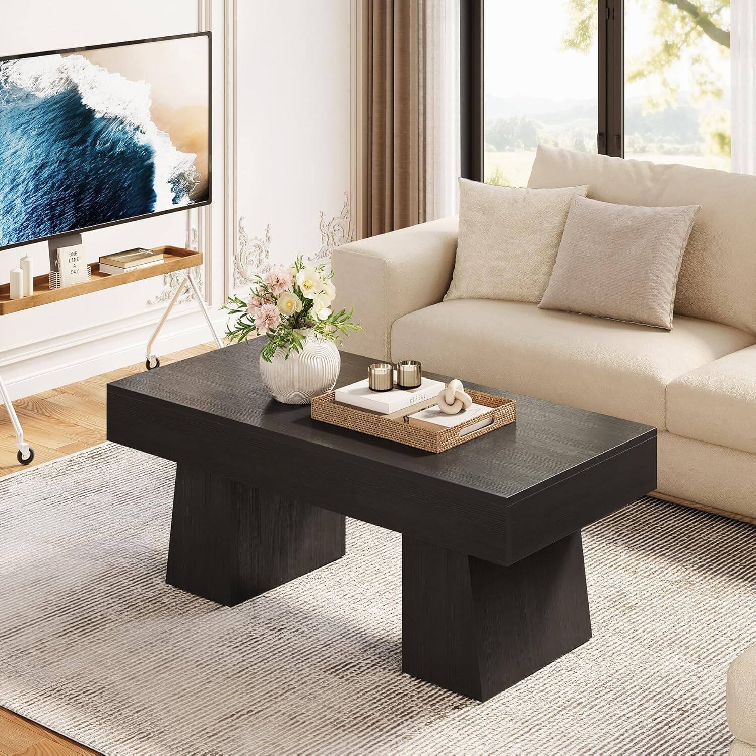Angle. Tribesigns - Coffee Table with Engineered Wood Construction, Adjustable Feet and Rectangular Top for Living Room - Black.