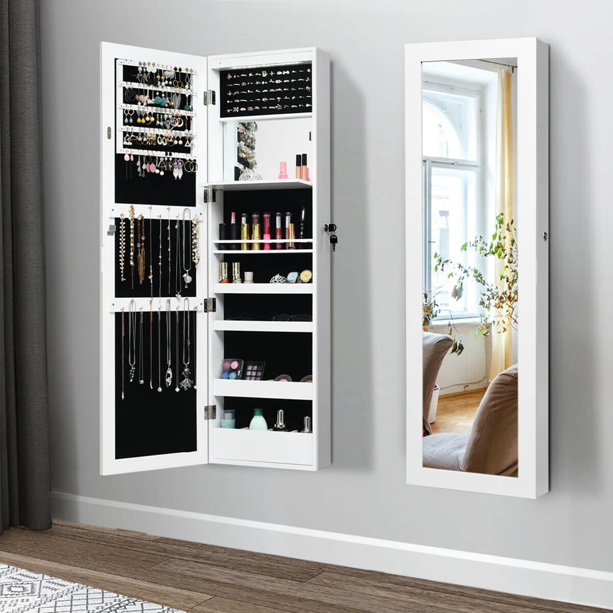 Gymax - Wall Door Mounted Lockable Jewelry Cabinet Armoire Organizer w/LED - White