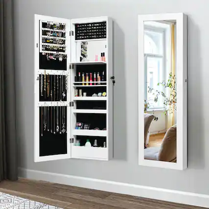 Front. Gymax - Gymax Wall Door Mounted Lockable Jewelry Cabinet Armoire Organizer w/LED White - White.