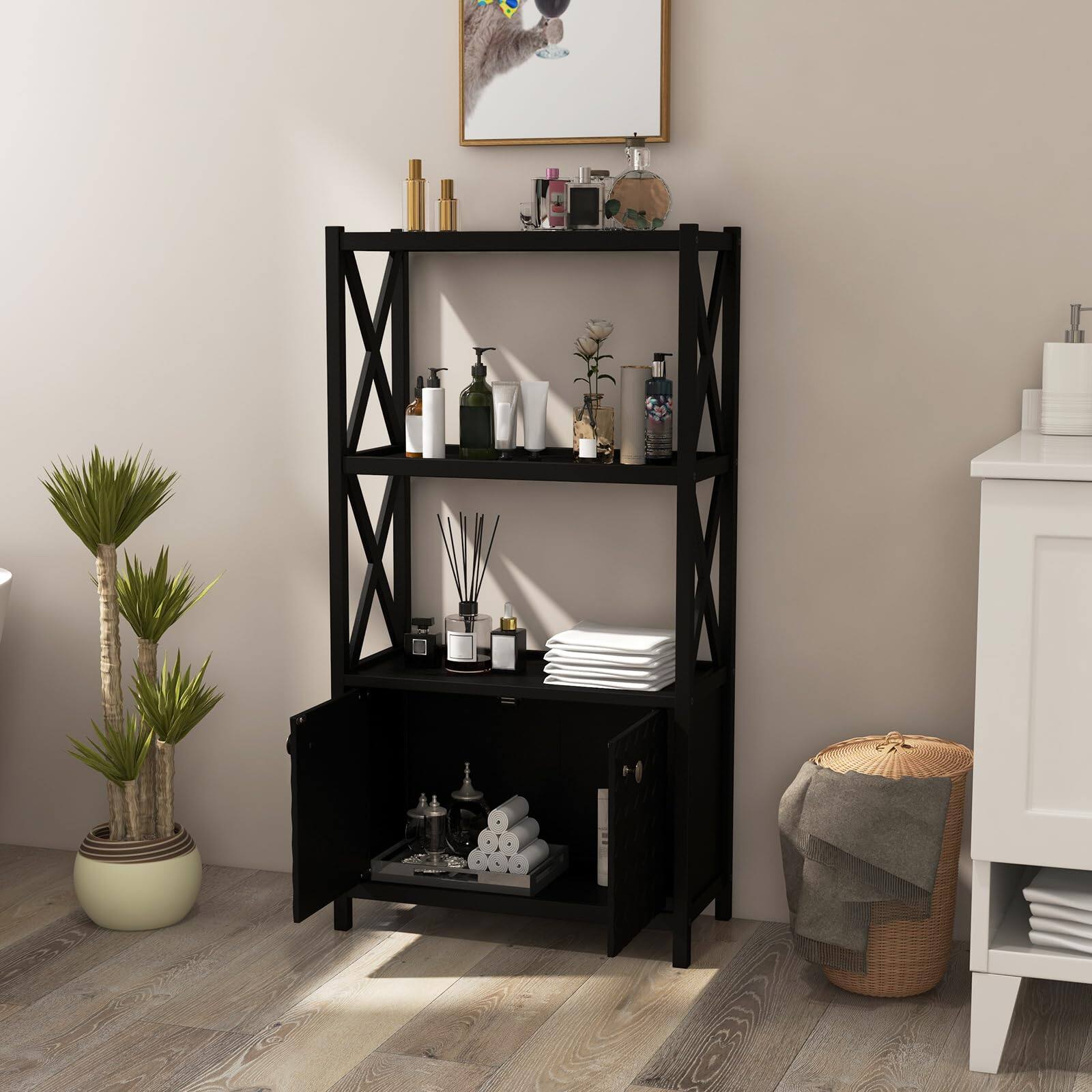 Alt View 8. Ecooso - Freestanding Bathroom Storage Cabinet with Double Doors and Open Shelves - Black.