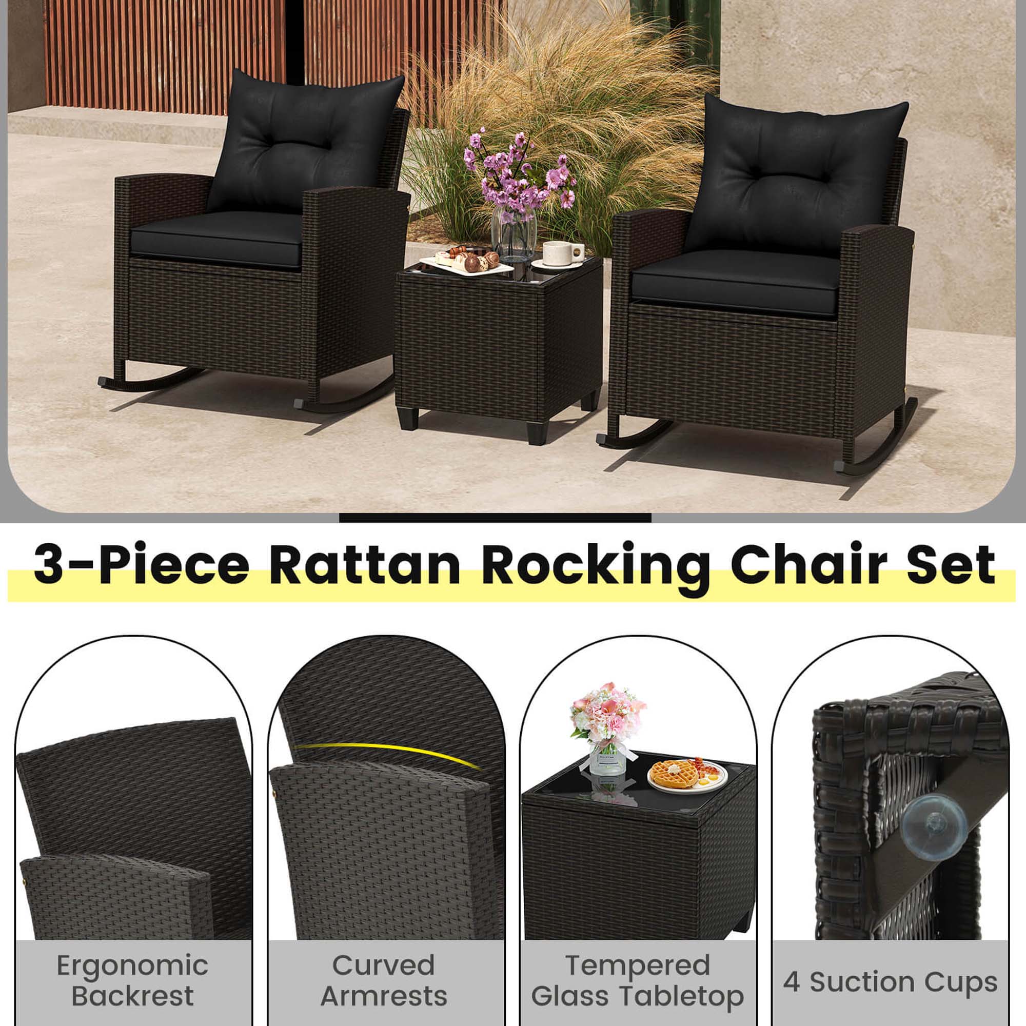 3-Piece Rattan Rocking Chair Set: Ergonomic Backrest, Curved Armrests, Tempered Glass Tabletop, 4 Suction Cups.