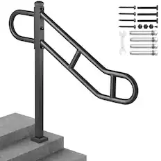 Front. VEVOR - Single Post Handrail for Outdoor 1-3 Steps, 40.5" L x 35.4" H Metal Bent Stair Handrails, Floor Mounted Carbon - Black.